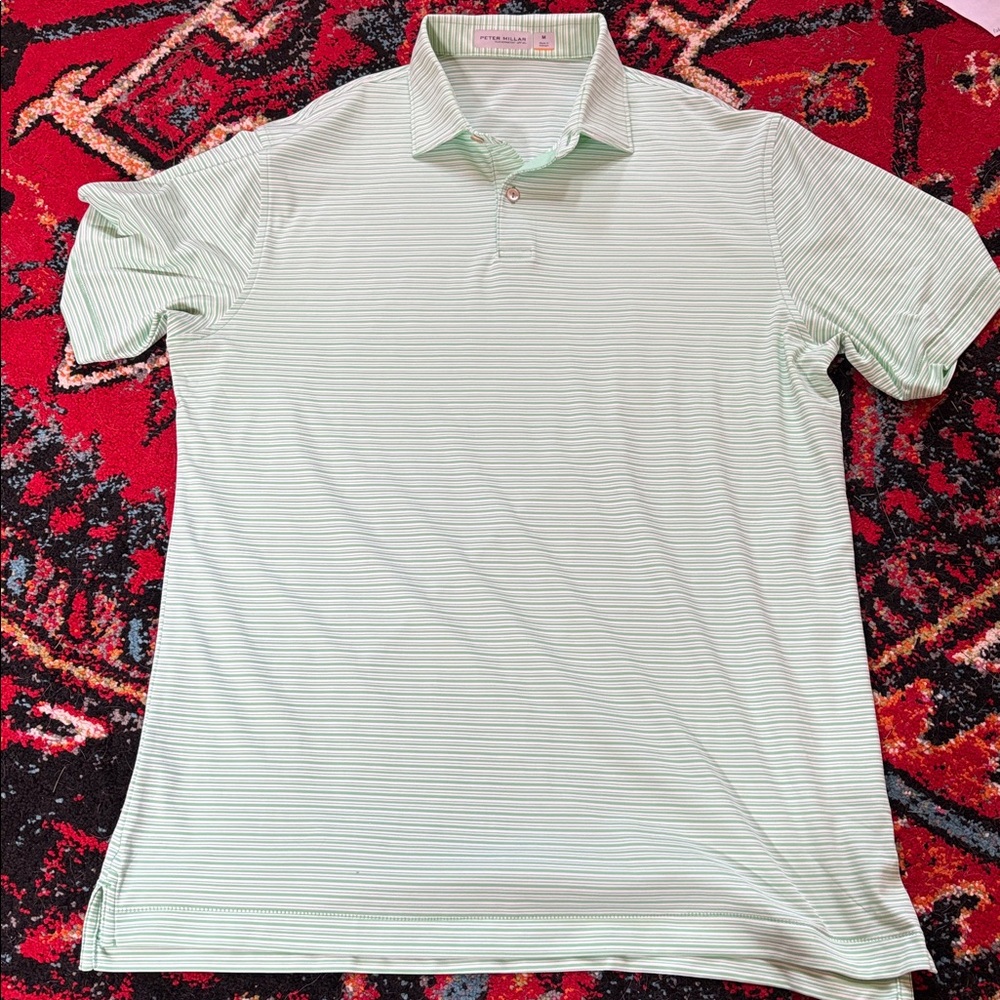 Peter Millar Polo Shirt Mens Medium Green Stripe Featherweight Golf Tech UPF 50+